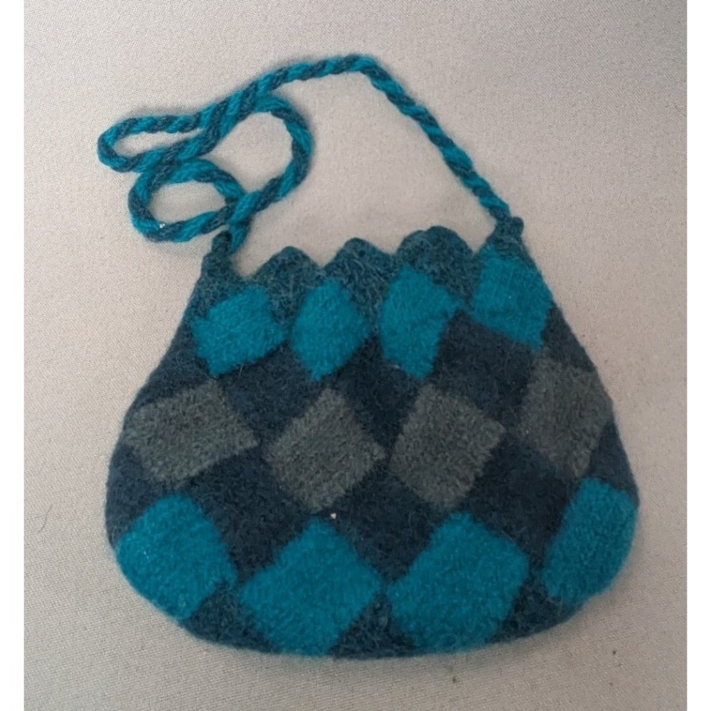 Handmade Knit Bag Women Small Blue Argyle Excellent Wool Boho Shoulder Pouch